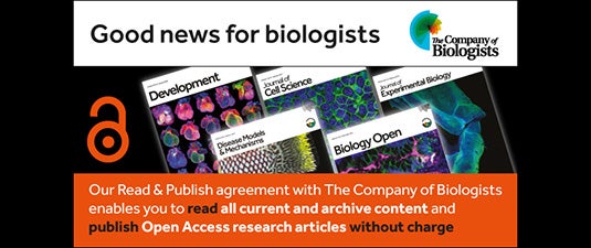 5 journal covers of Company of Biologists publications next to the open lock open access symbol
